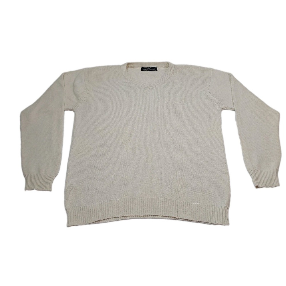 Giorgio Armani Men's Large Ivory Ribbed V-Neck Knit Sweater Minimalist Vtg